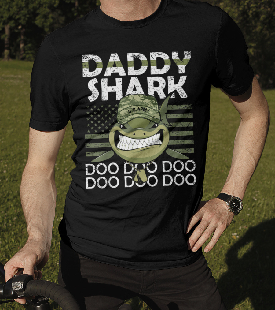 U.S. Army Daddy Shark Doo Doo Doo With American Flag And Military Hat T-Shirt