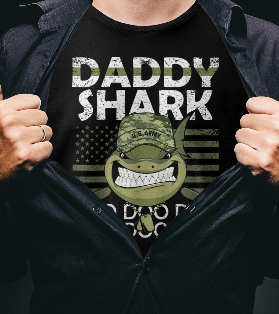U.S. Army Daddy Shark Doo Doo Doo With American Flag And Military Hat T-Shirt
