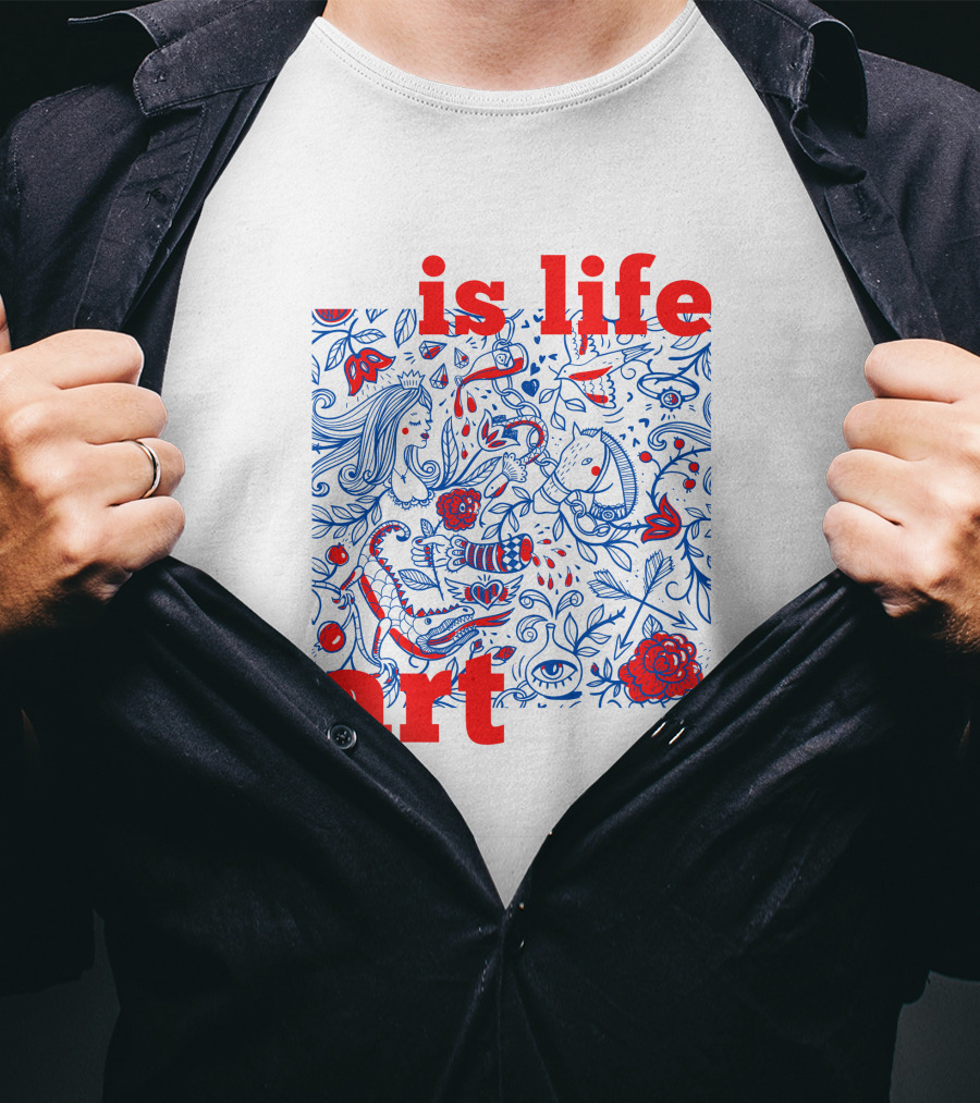 Is Life Art Floral Fantasy In Red And Blue T-Shirt