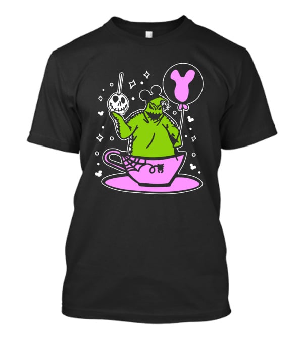 Oogie Boogie In Pink Tea Cup With Mickey Ears Balloon And Spider Details T-Shirt