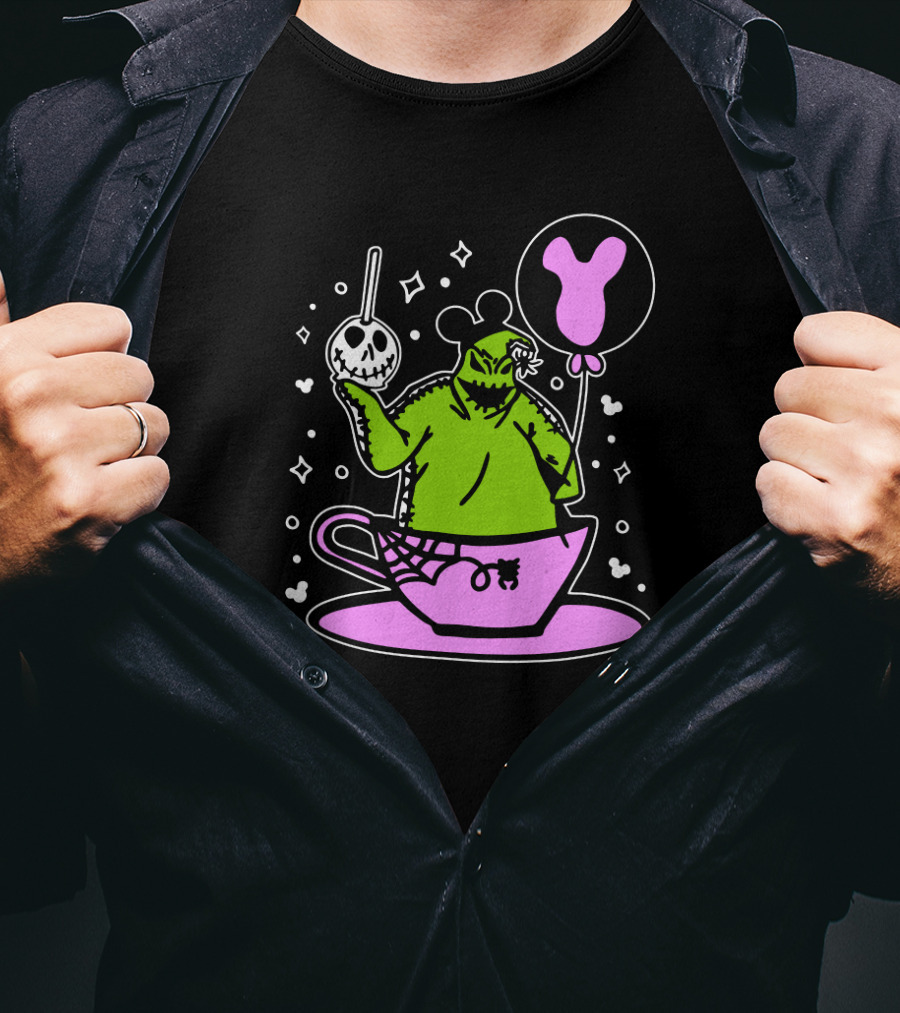 Oogie Boogie In Pink Tea Cup With Mickey Ears Balloon And Spider Details T-Shirt