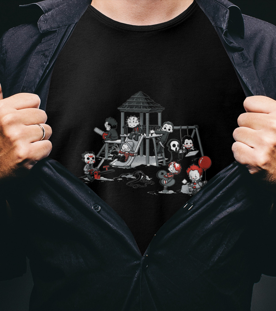 Playground Of Horror Characters In Creepy Swing Set Scene T-Shirt