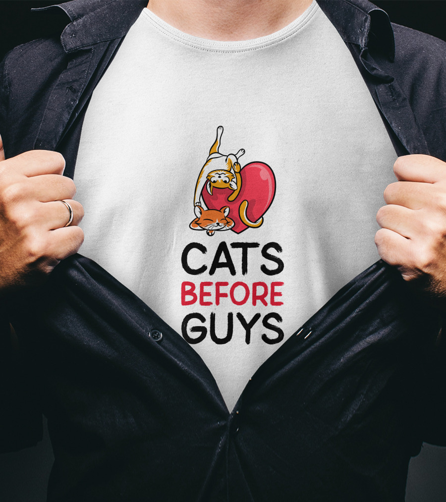 Cats Before Guys Heart Illustration For Pet Lovers T-Shirt