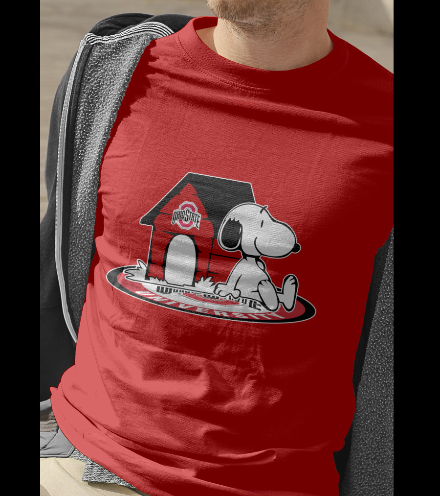 Ohio State Football Fan Now And Forever University Emblem With Snoopy Doghouse T-Shirt