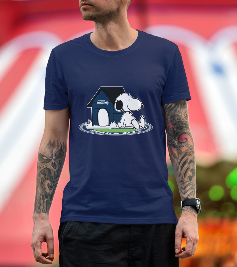 Seattle Seahawks Fan Forever with Snoopy Sitting by Doghouse T-Shirt