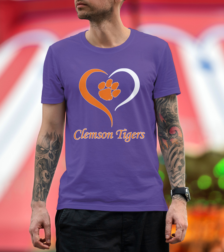 Clemson Tigers Heart Paw Print Purple and Orange T-Shirt
