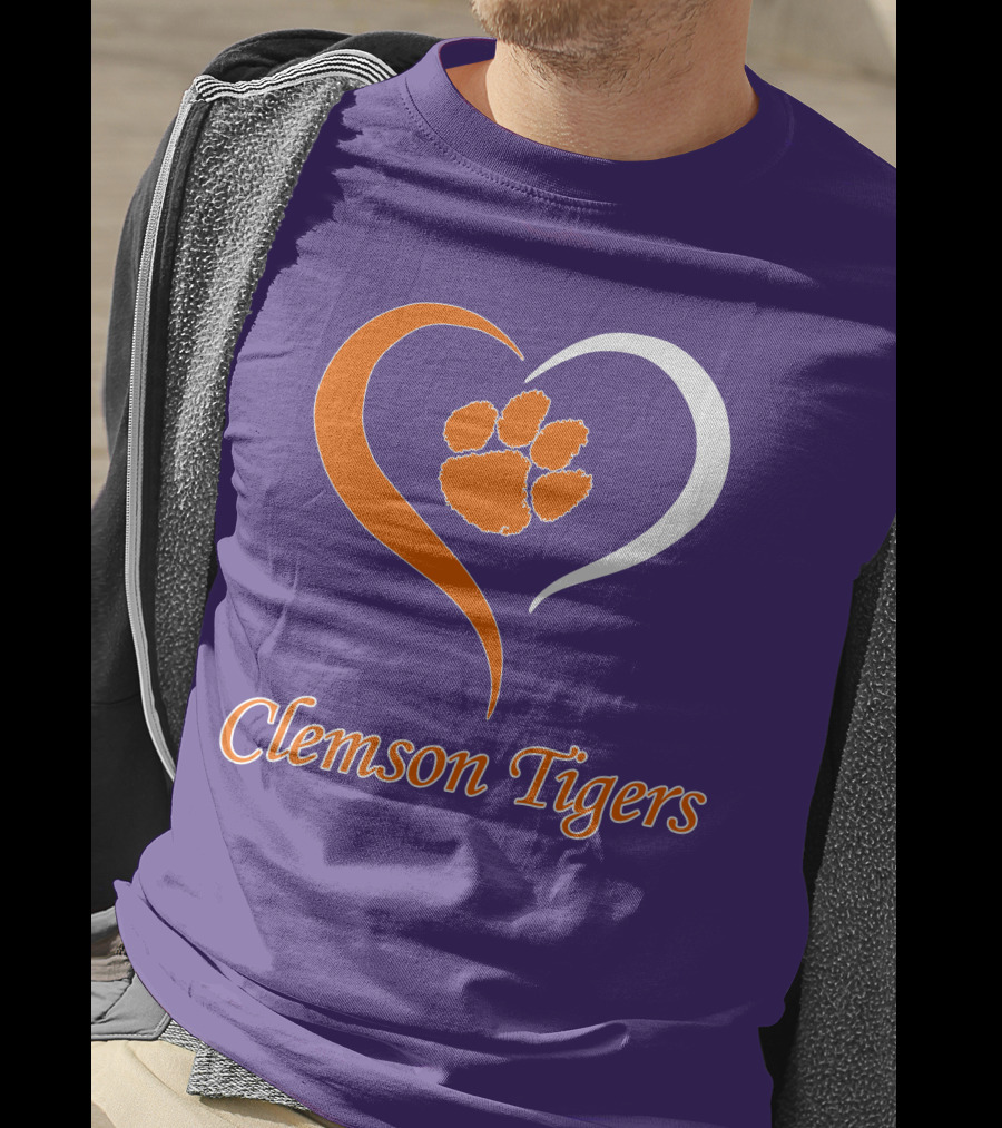 Clemson Tigers Heart Paw Print Purple And Orange T-Shirt