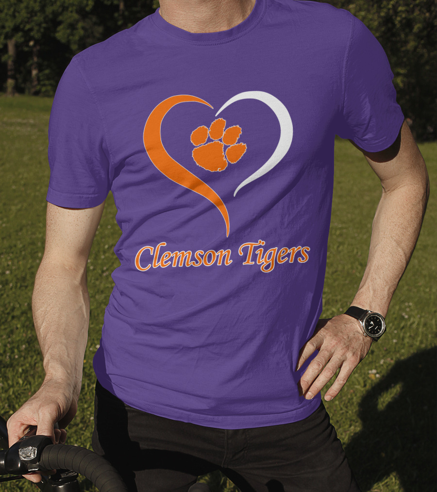 Clemson Tigers Heart Paw Print Purple And Orange T-Shirt