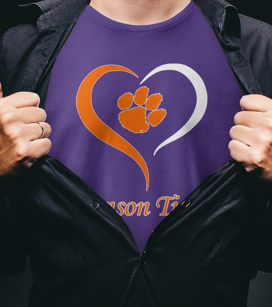 Clemson Tigers Heart Paw Print Purple And Orange T-Shirt