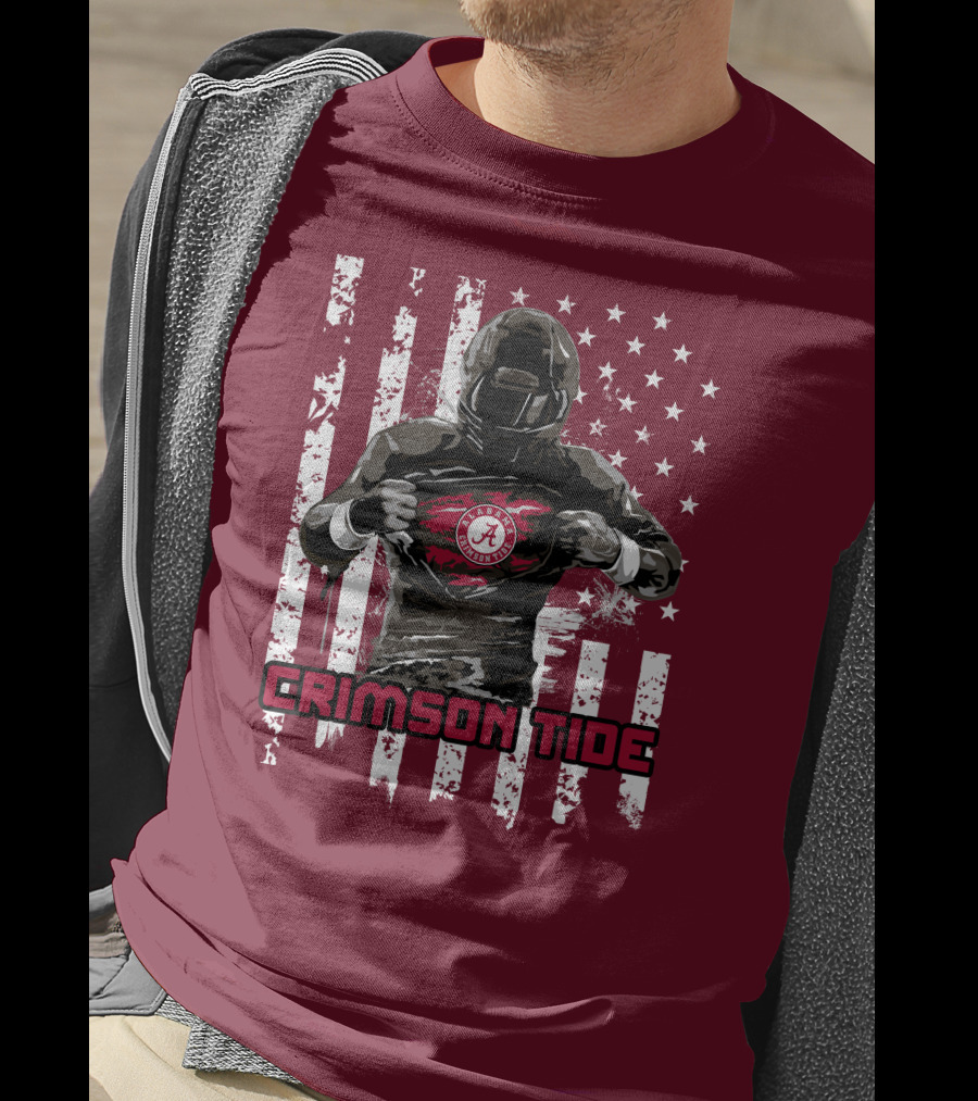 Alabama Crimson Tide Superhero American Flag Football Fan T-Shirt