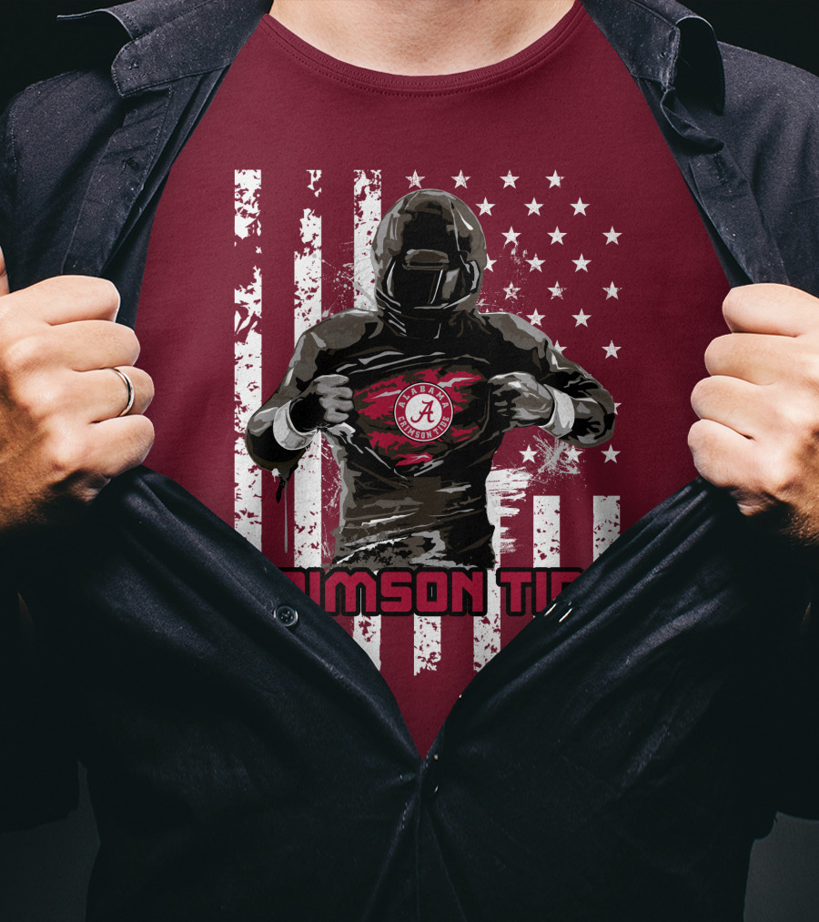 Alabama Crimson Tide Superhero American Flag Football Fan T-Shirt