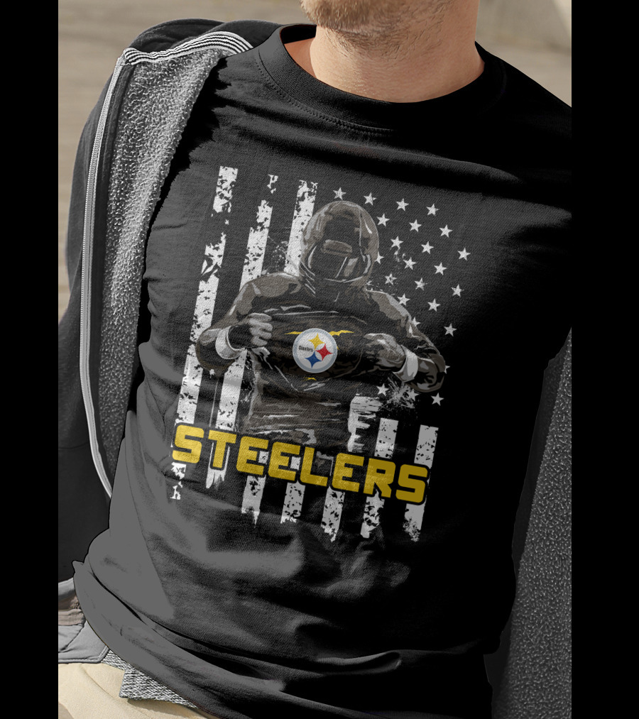 Steelers Player Emblazoned Over Distressed American Flag Iconic T-Shirt