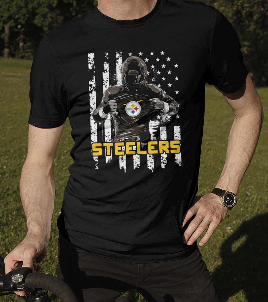 Steelers Player Emblazoned Over Distressed American Flag Iconic T-Shirt
