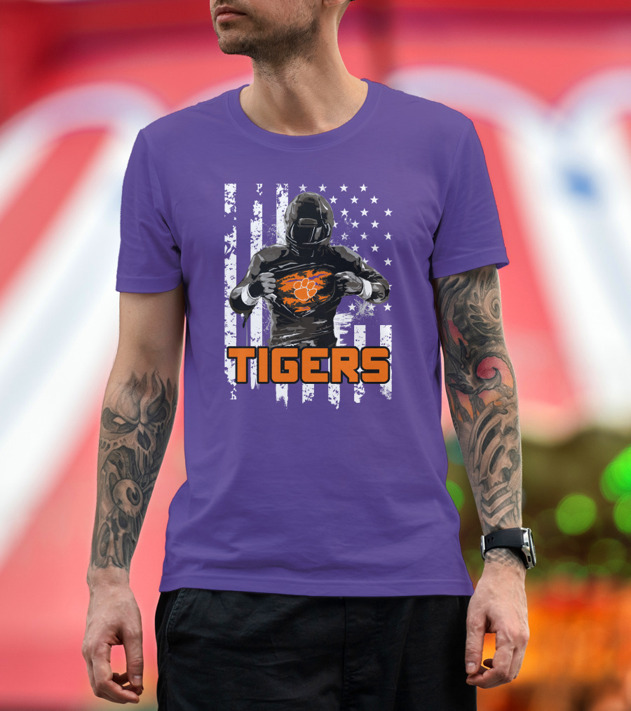Tigers Player with Paw Logo and Flag Background T-Shirt
