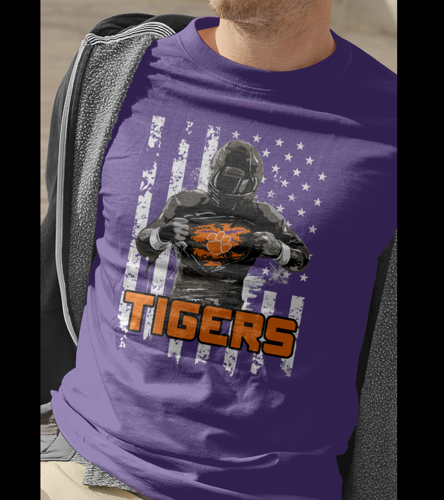 Tigers Player With Paw Logo And Flag Background T-Shirt