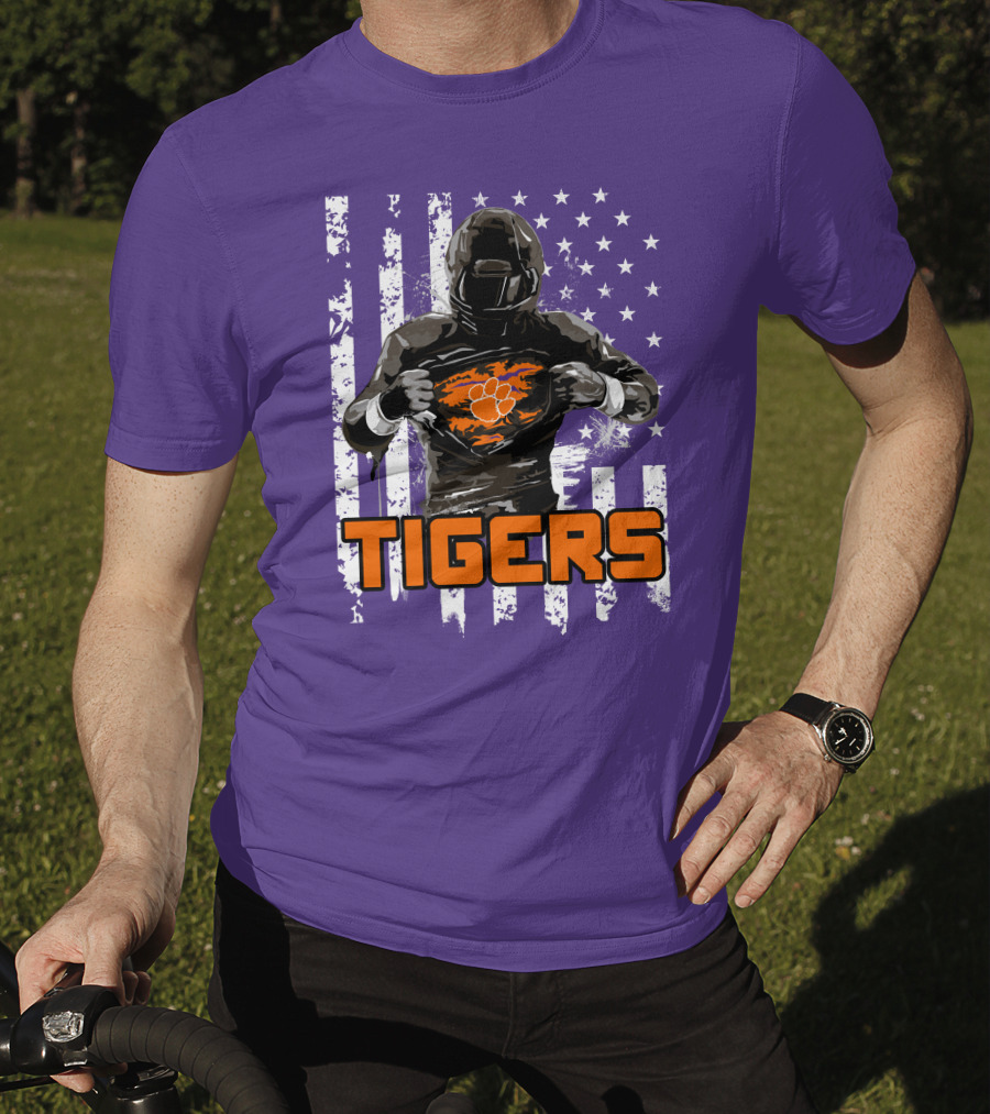 Tigers Player With Paw Logo And Flag Background T-Shirt