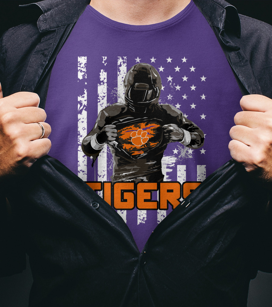 Tigers Player With Paw Logo And Flag Background T-Shirt