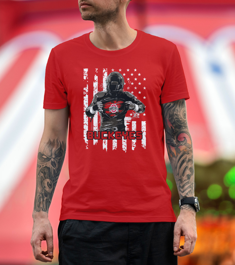 Ohio State Buckeyes Player with American Flag Background T-Shirt