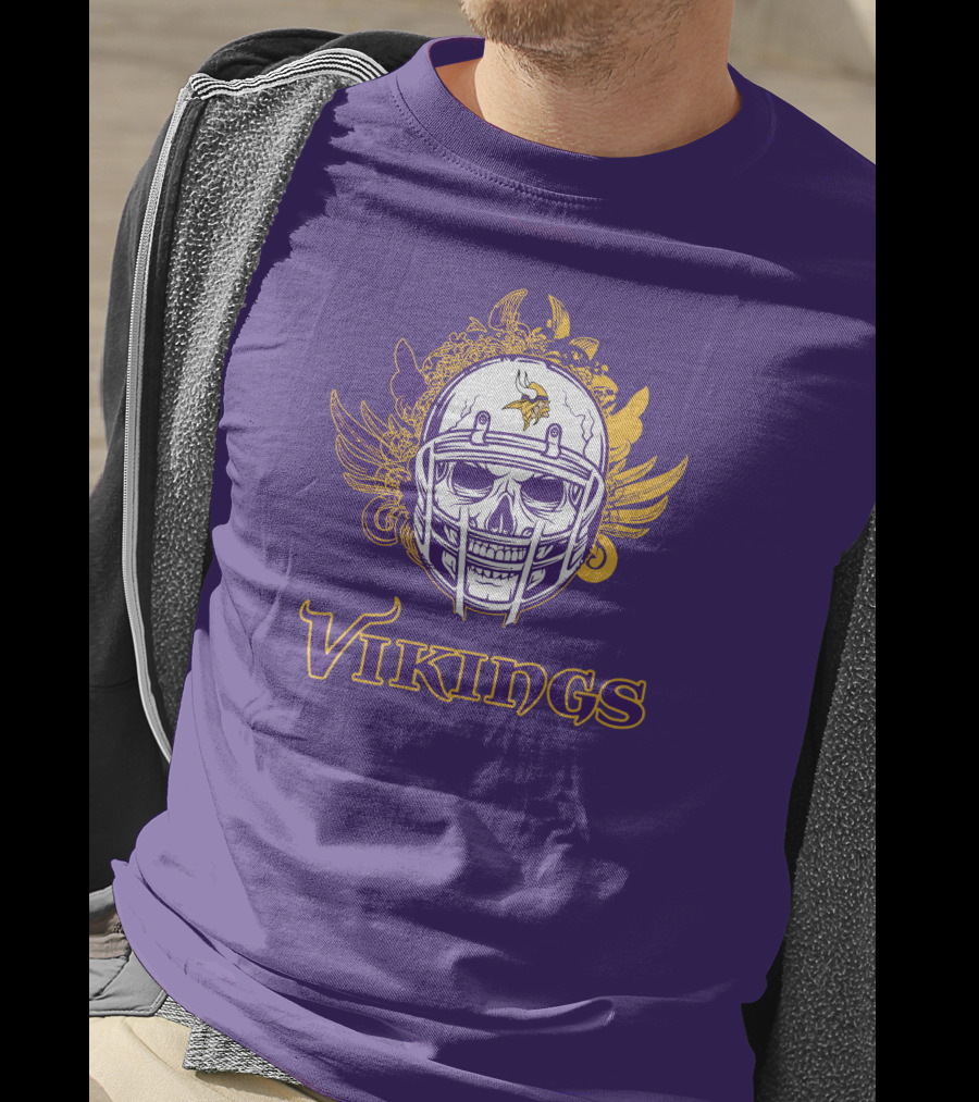 Vikings Skull Helmet With Purple And Yellow Wings T-Shirt