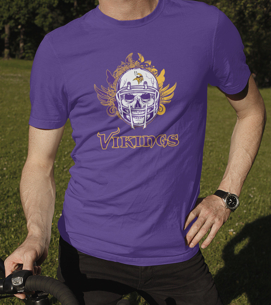 Vikings Skull Helmet With Purple And Yellow Wings T-Shirt