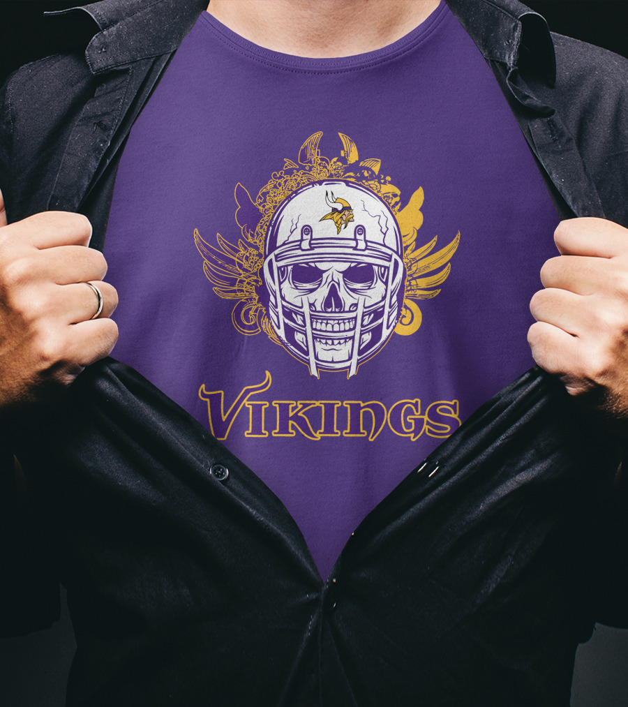 Vikings Skull Helmet With Purple And Yellow Wings T-Shirt