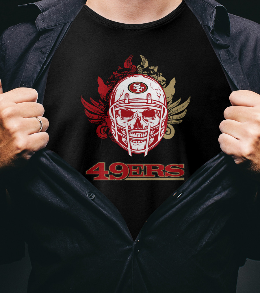 San Francisco 49ers Skull Football Helmet Red Gold Wings T-Shirt