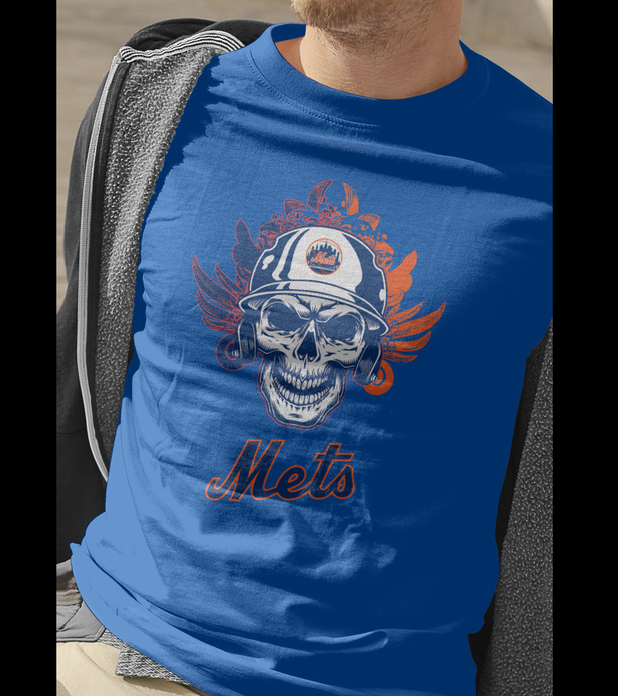 New York Mets Skull Helmet Logo With Wings T-Shirt