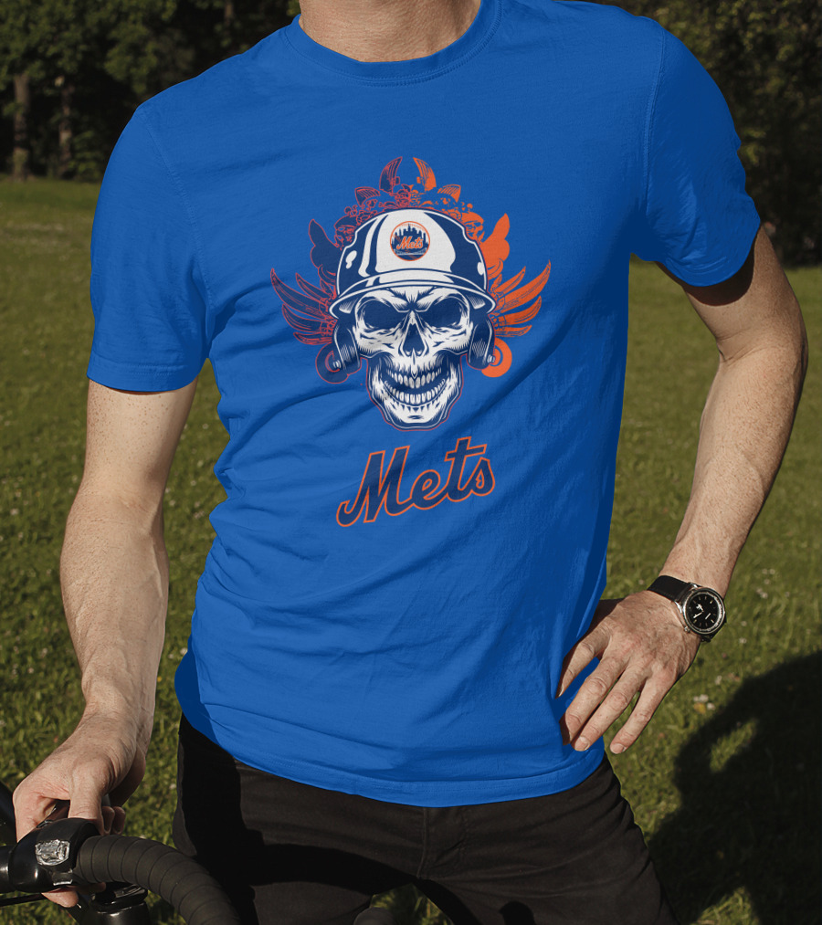 New York Mets Skull Helmet Logo With Wings T-Shirt