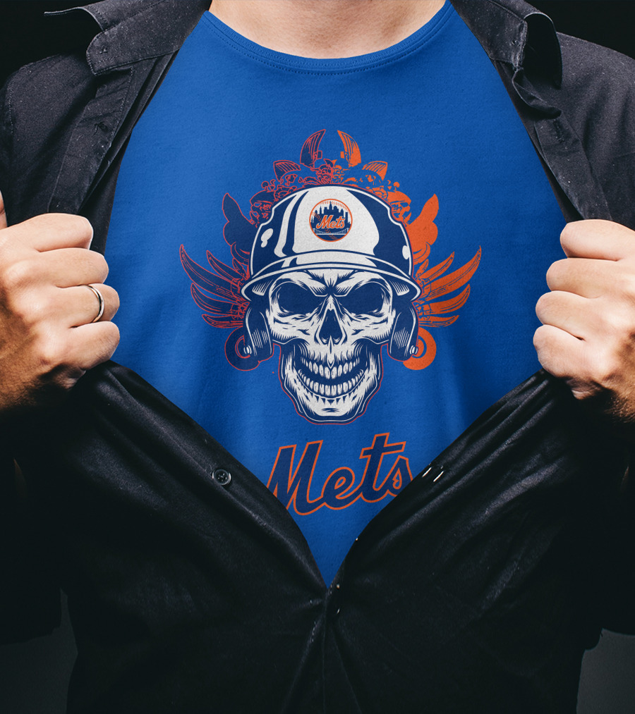 New York Mets Skull Helmet Logo With Wings T-Shirt