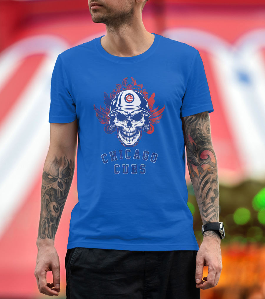 Chicago Cubs Skull Logo with Helmet and Wings T-Shirt