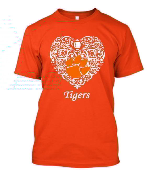 Heart-Shaped Design With Clemson Tigers Paw And Football Elements T-Shirt