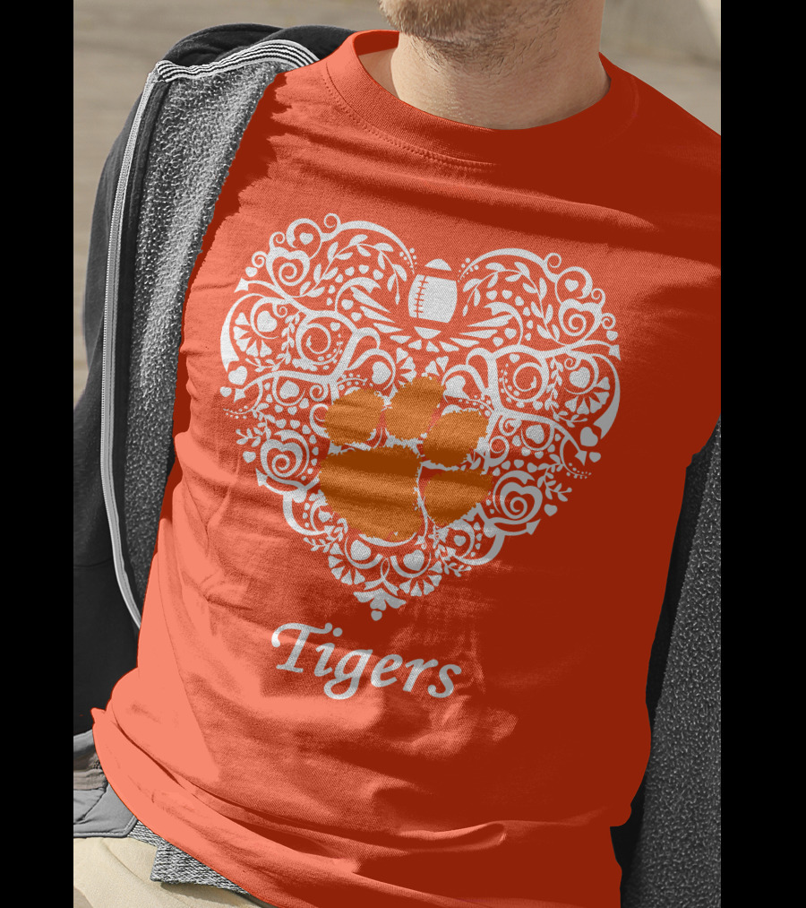 Heart-Shaped Design With Clemson Tigers Paw And Football Elements T-Shirt