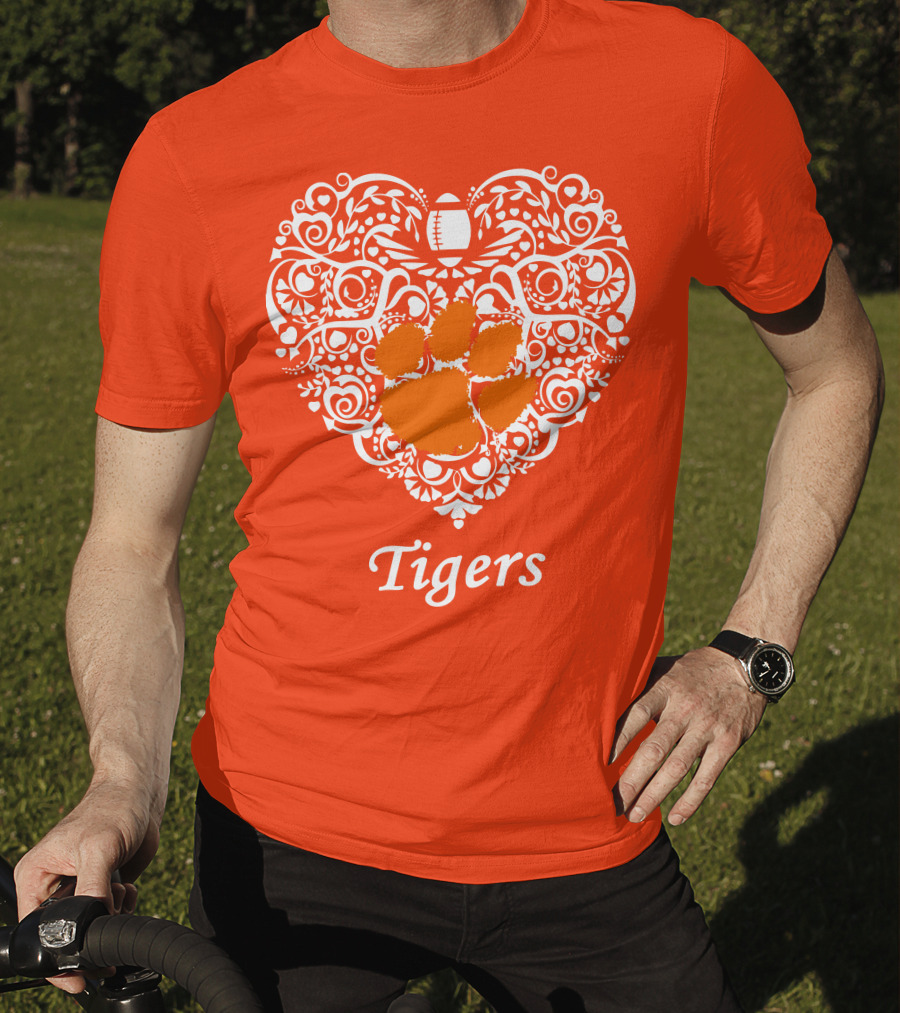 Heart-Shaped Design With Clemson Tigers Paw And Football Elements T-Shirt