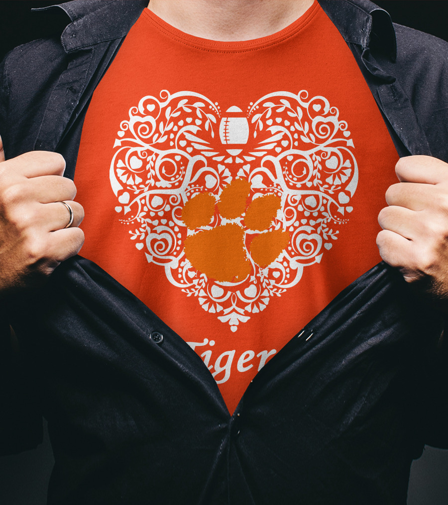 Heart-Shaped Design With Clemson Tigers Paw And Football Elements T-Shirt