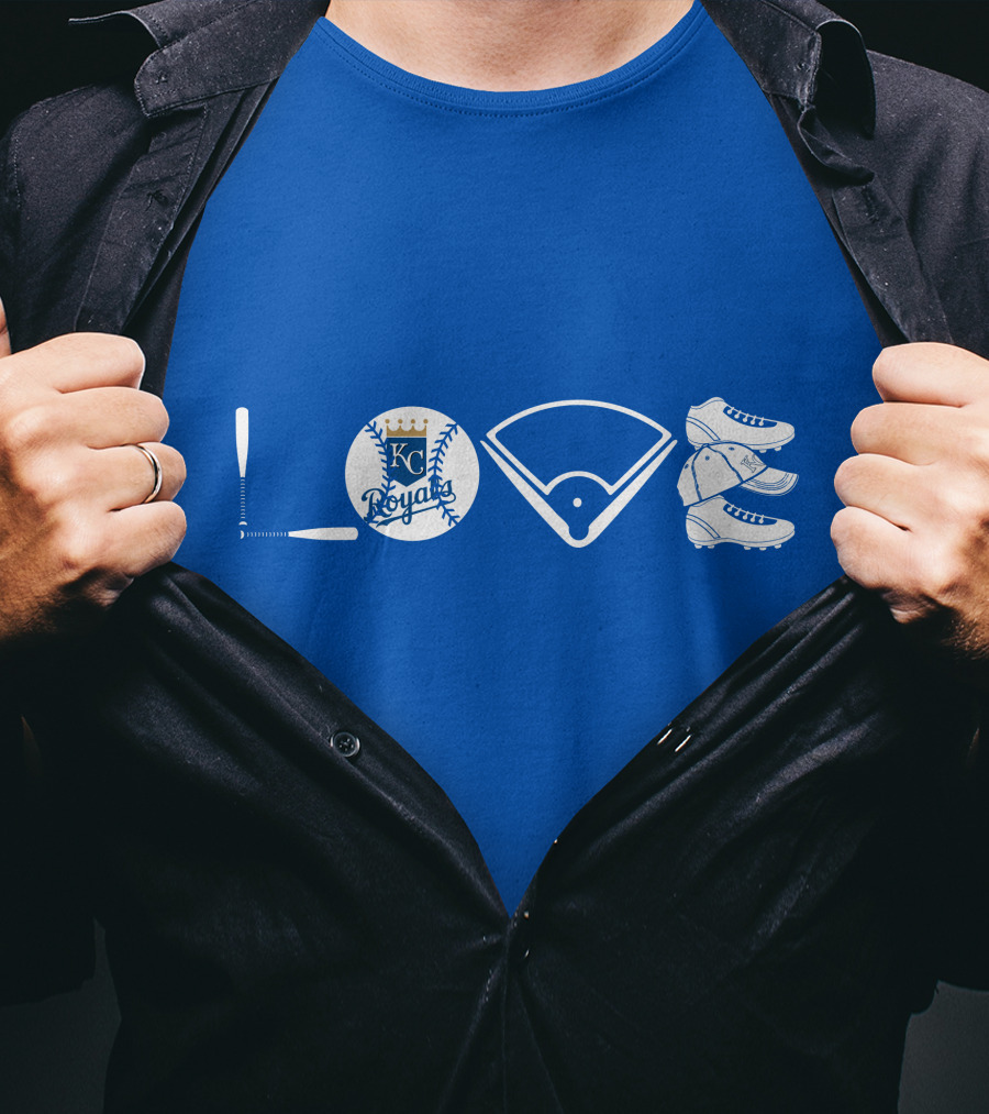 Love Kansas City Royals Baseball Bat Ball Home Plate Cleats T-Shirt