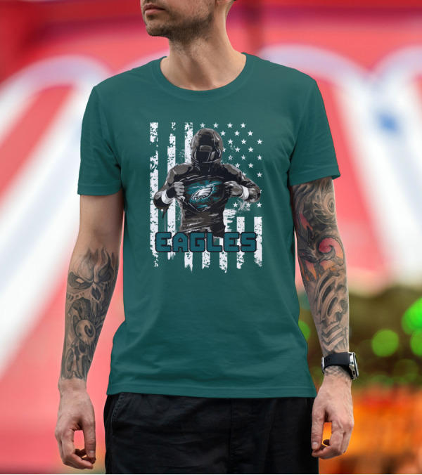 Premium T-Shirt: Philadelphia Eagles Football Hero with American Flag Background T-Shirt Philadelphia Eagles Football Hero with American Flag Background T-Shirt