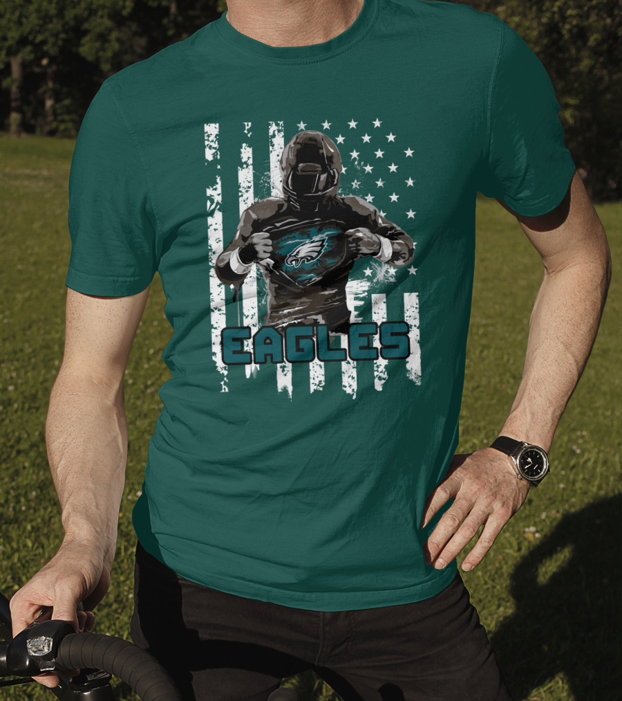 Philadelphia Eagles Football Hero With American Flag Background T-Shirt