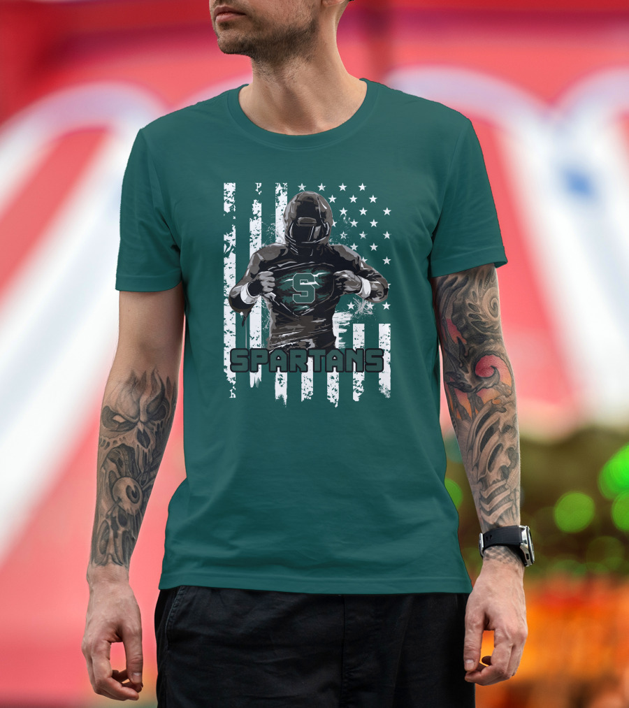 Spartans Player with S Emblem and American Flag Background T-Shirt