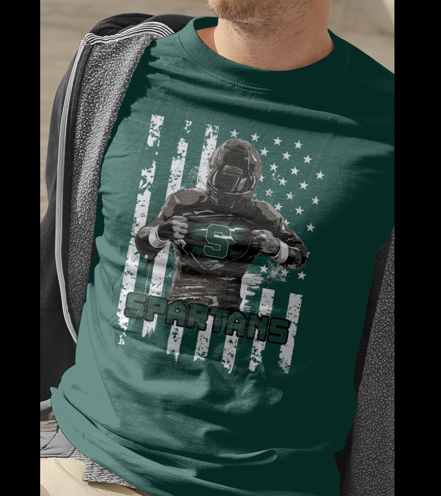 Spartans Player With S Emblem And American Flag Background T-Shirt