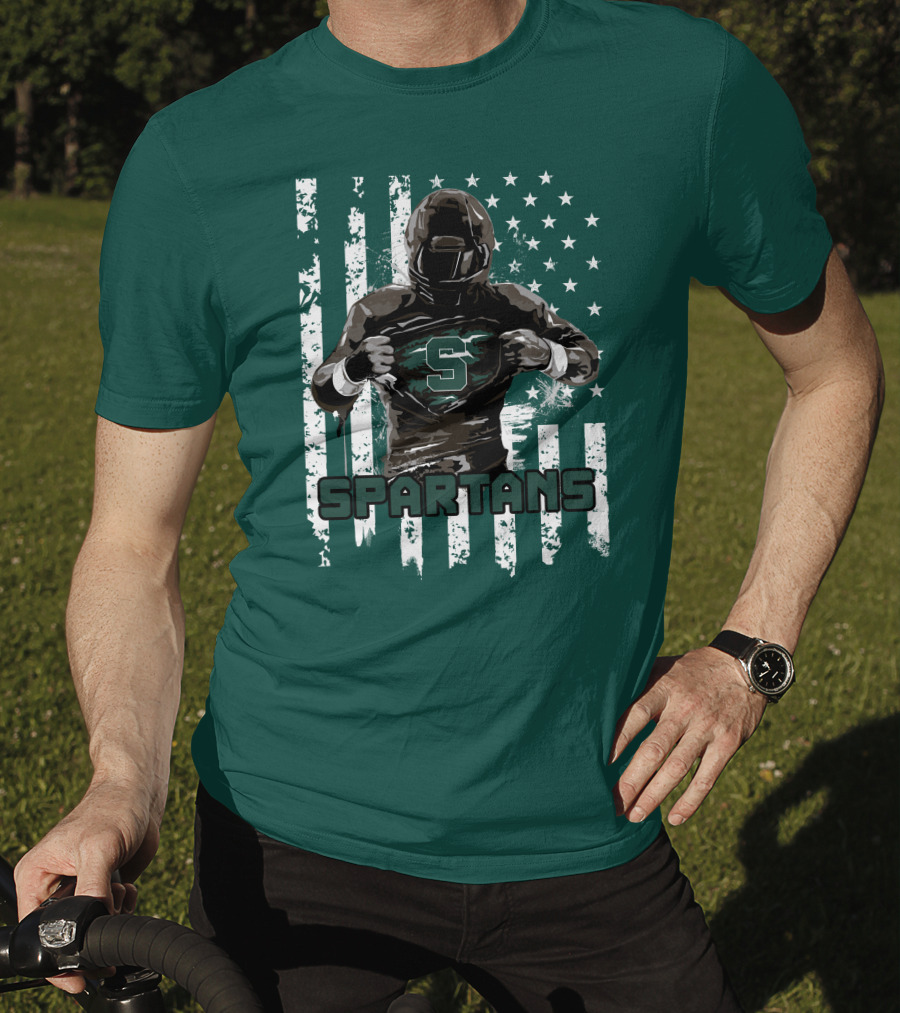 Spartans Player With S Emblem And American Flag Background T-Shirt