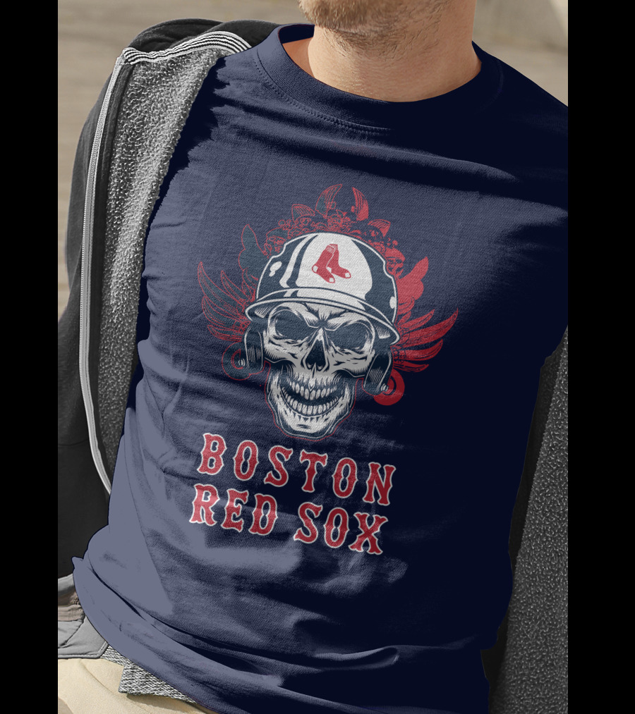 Boston Red Sox Skull With Baseball Helmet And Wings T-Shirt