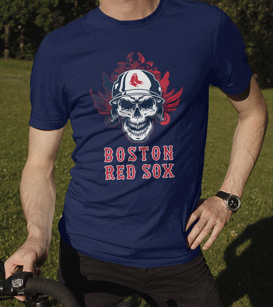 Boston Red Sox Skull With Baseball Helmet And Wings T-Shirt