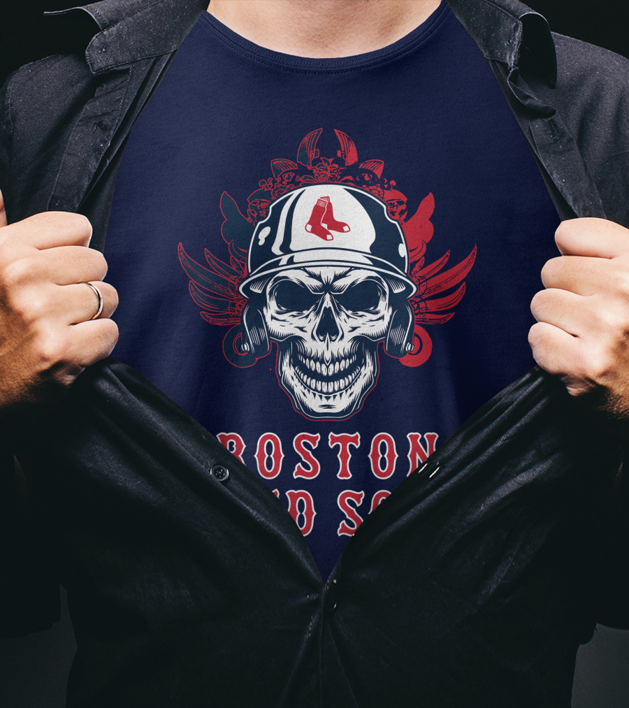 Boston Red Sox Skull With Baseball Helmet And Wings T-Shirt