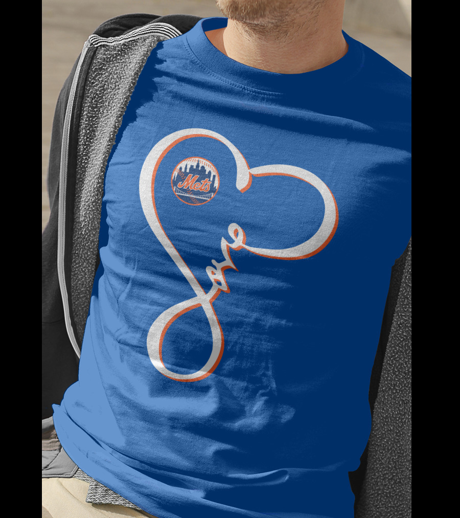 New York Mets Love Script With Heart Outline T-Shirt