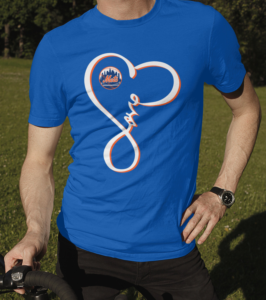 New York Mets Love Script With Heart Outline T-Shirt