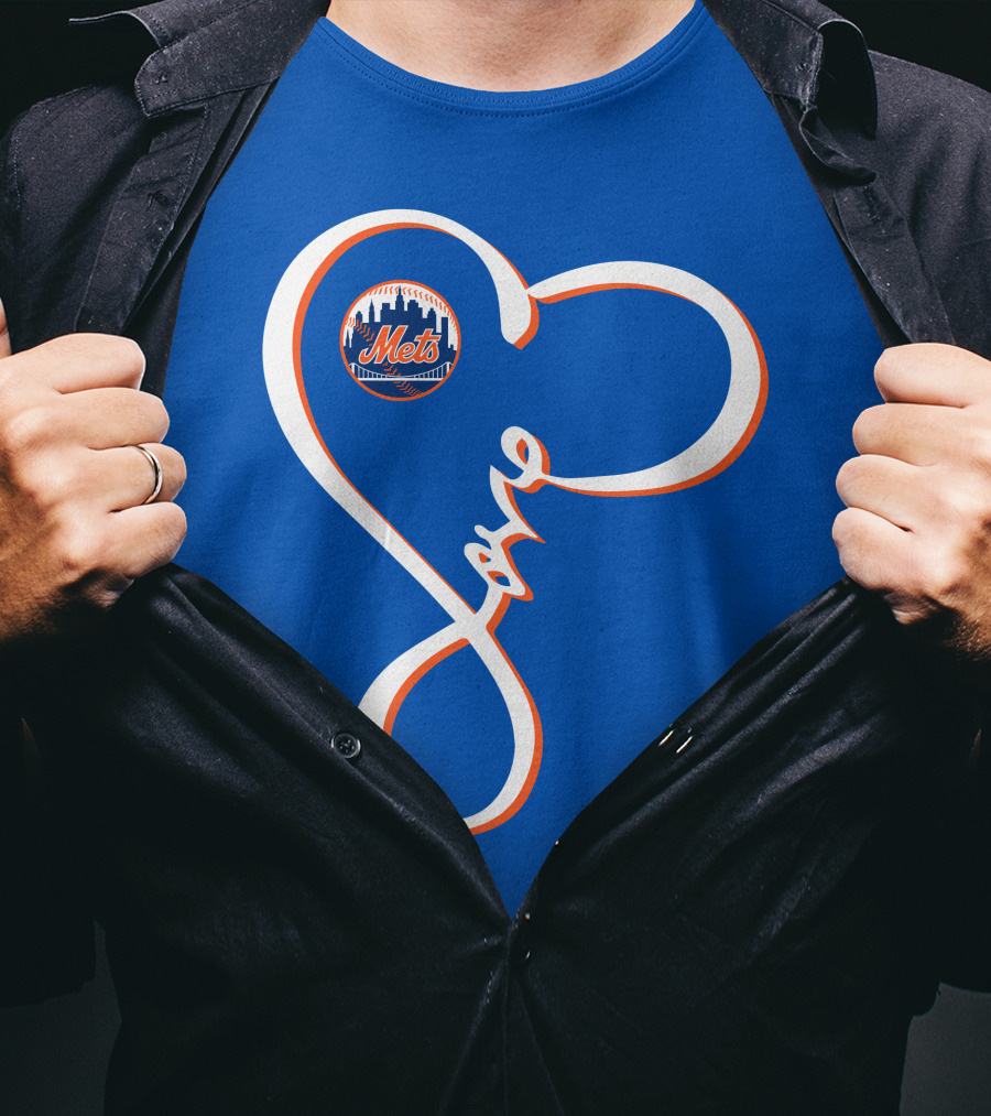 New York Mets Love Script With Heart Outline T-Shirt
