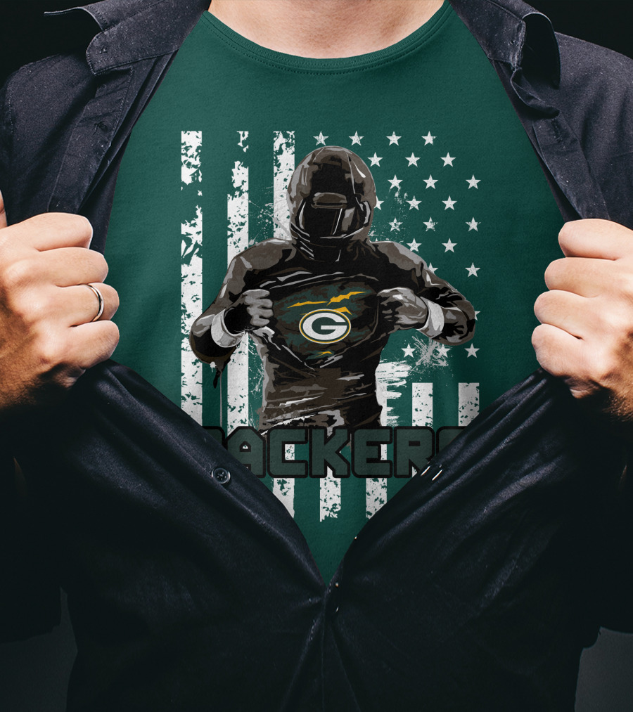 Packers Player With Flag Background And Green Bay T-Shirt