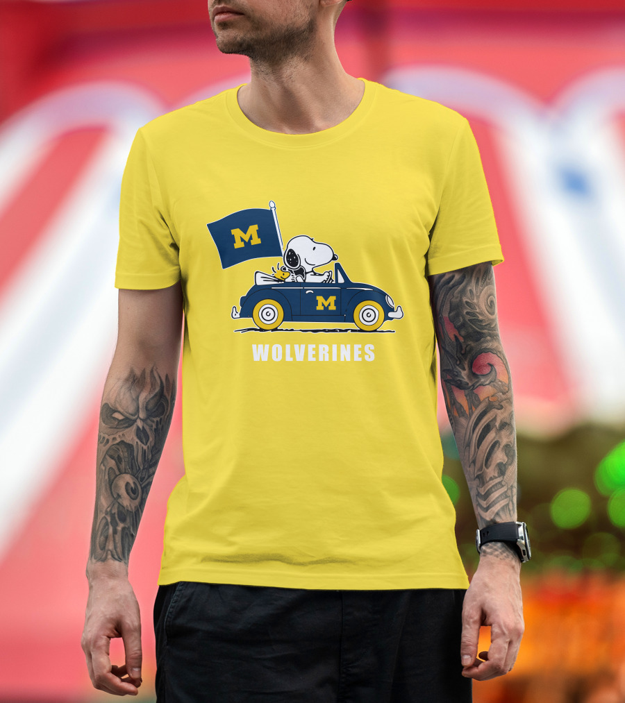Michigan Wolverines Snoopy Driving with Flag T-Shirt