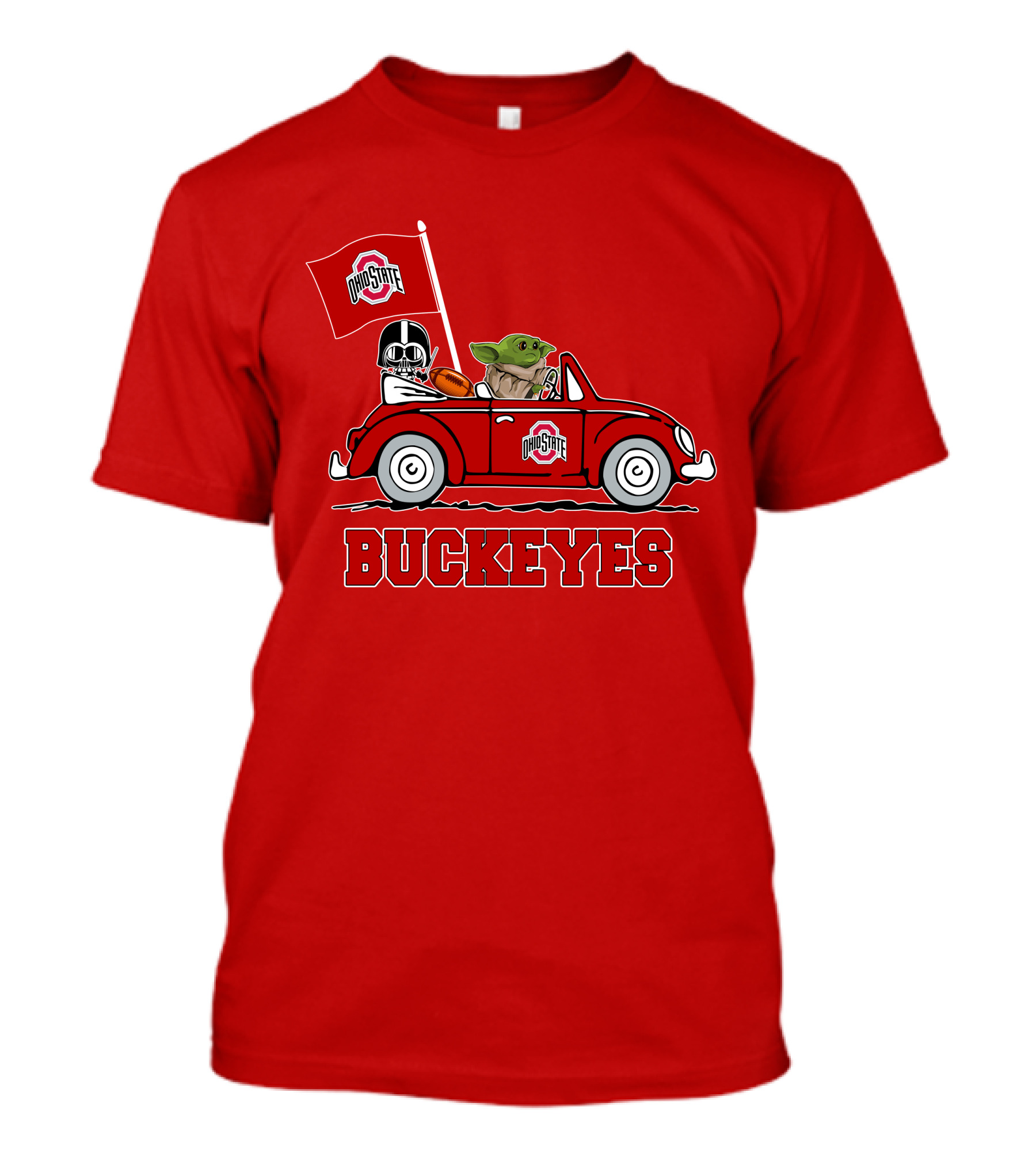 Ohio State Buckeyes Darth Vader Baby Yoda Driving Star Wars Car With Flag T-Shirt