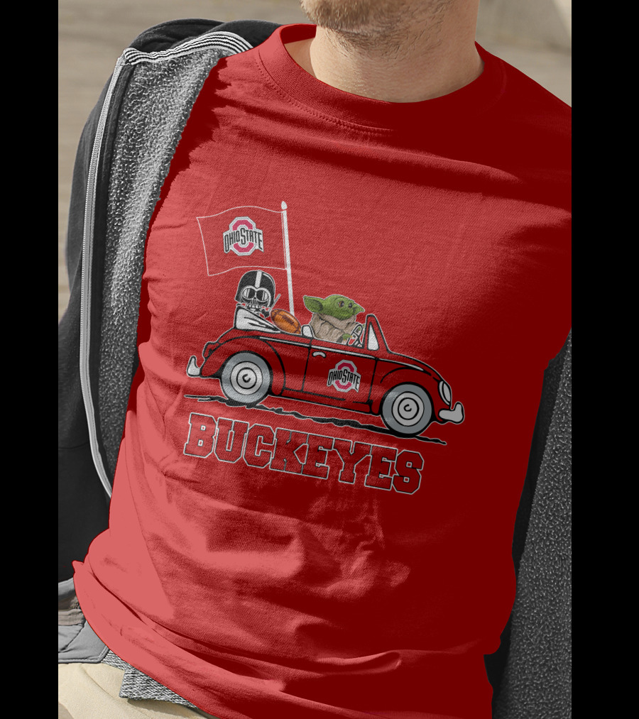 Ohio State Buckeyes Darth Vader Baby Yoda Driving Star Wars Car With Flag T-Shirt